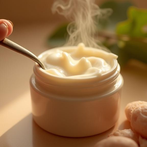 Vaso di crema corpo in ceramica aperto per mostrare la texture ricca.