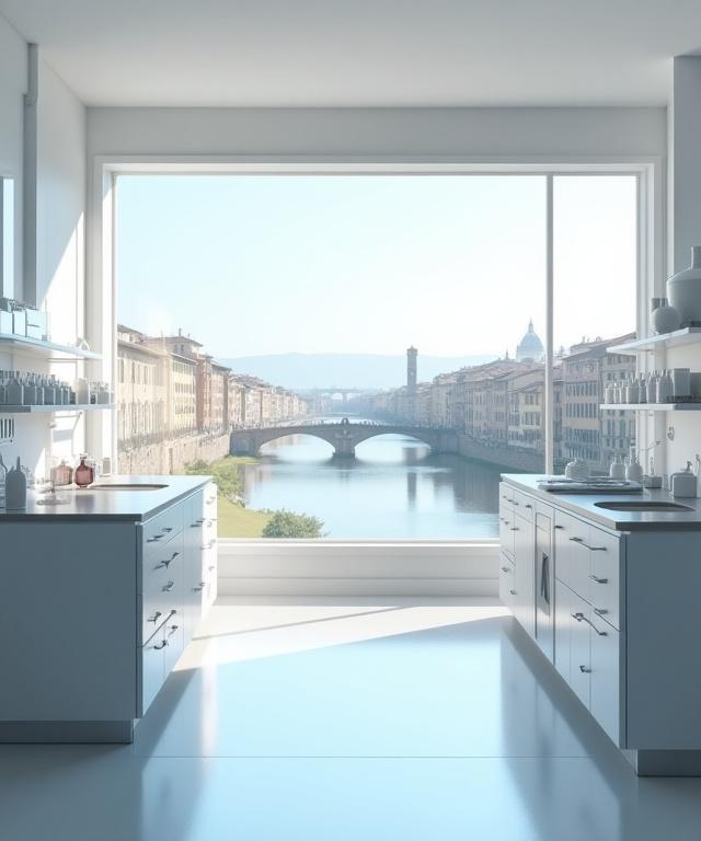 Interno del laboratorio Maiolica Bellezza con vista sul fiume Arno a Firenze.