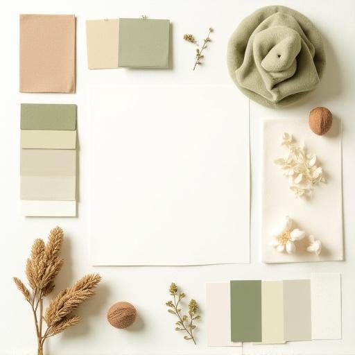 Moodboard con campioni di colore, tessuti e ingredienti botanici.