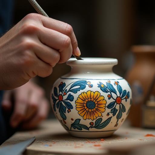 Primo piano di un artista che dipinge a mano un motivo floreale su un vaso di ceramica.