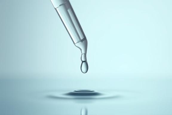 Pipetta da laboratorio che rilascia una goccia di siero su una superficie di vetro.